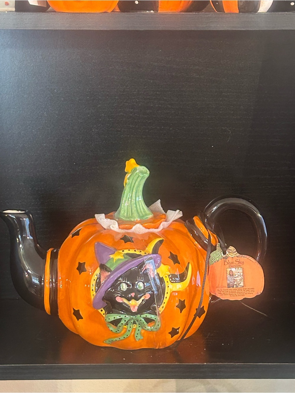 Blue Sky Orange Pumpkin Teapot with Black Cat and Purple Witch Hat